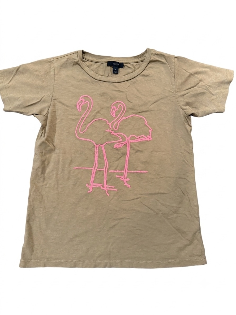 J. Crew Flamingo Graphic Tee | Khaki Tan & Neon Pink Slub Knit Shirt XS